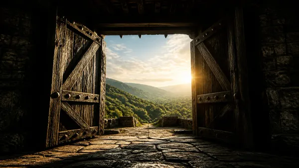 Massive ancient wooden fortress gates thrown wide open to reveal a sun-drenched green valley and dawn horizon