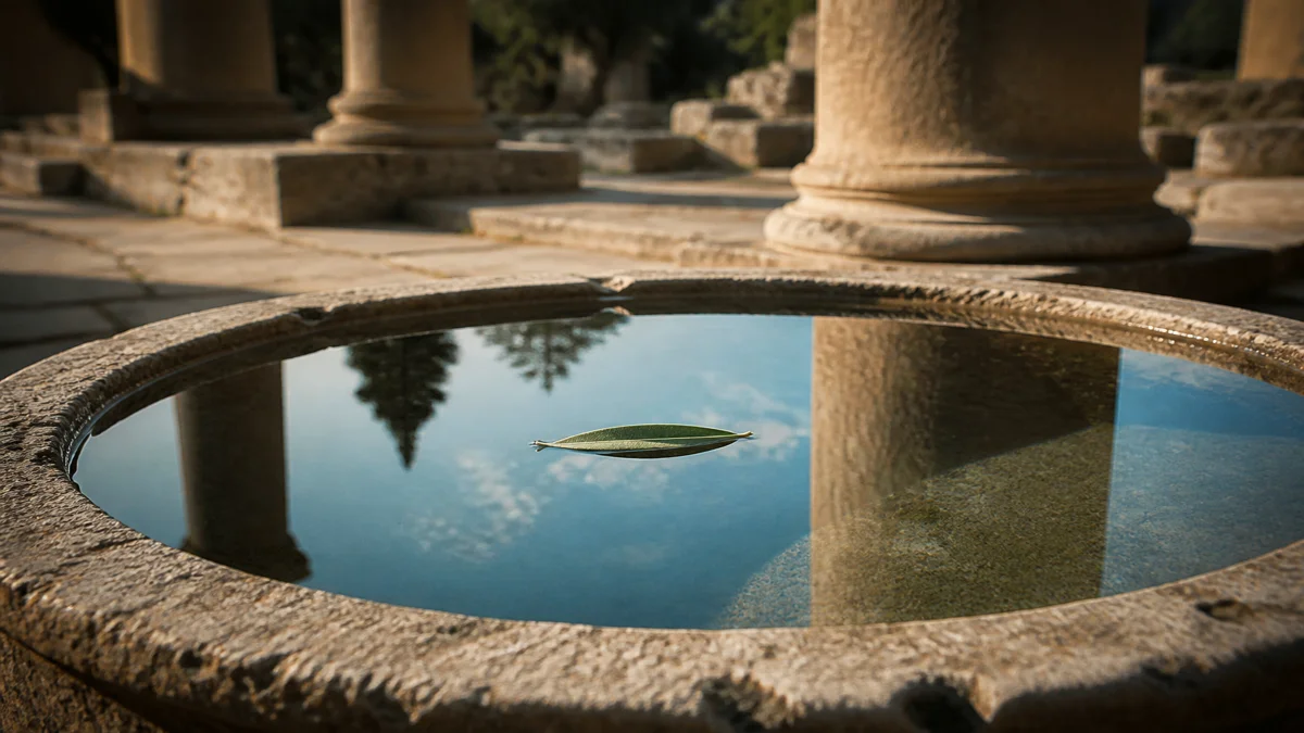 Completely still water in a shallow ancient stone basin reflecting a clear dawn sky and a single floating green olive leaf