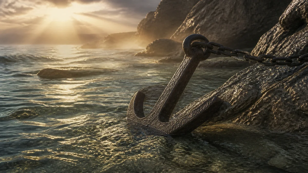 Heavy forged-iron anchor embedded securely in bedrock beneath clear coastal waters lit by piercing morning sunbeams
