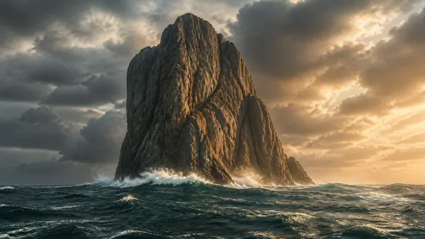 Immense monolithic granite rock formation standing immovable against powerful ocean tides bathed in dramatic golden morning light