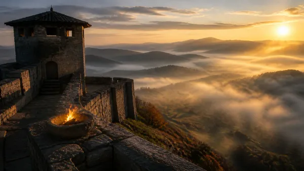 Sheltered ancient stone watchtower overlooking a misty valley with a glowing fire in a stone brazier as dawn breaks