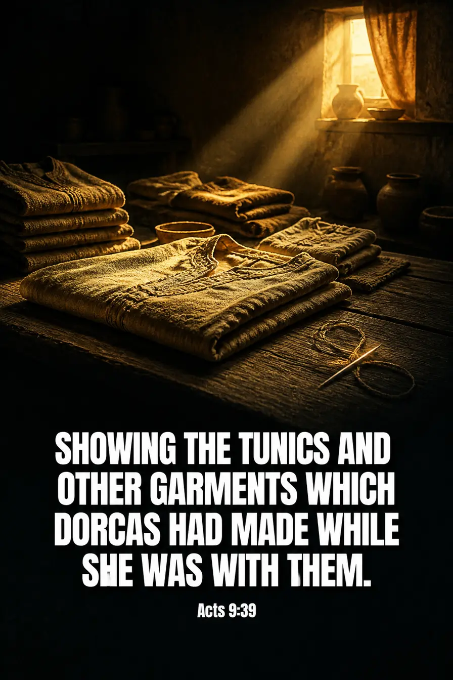 Acts 9:39 Bible verse card: “showing the tunics and other garments which Dorcas had made while she was with them.”