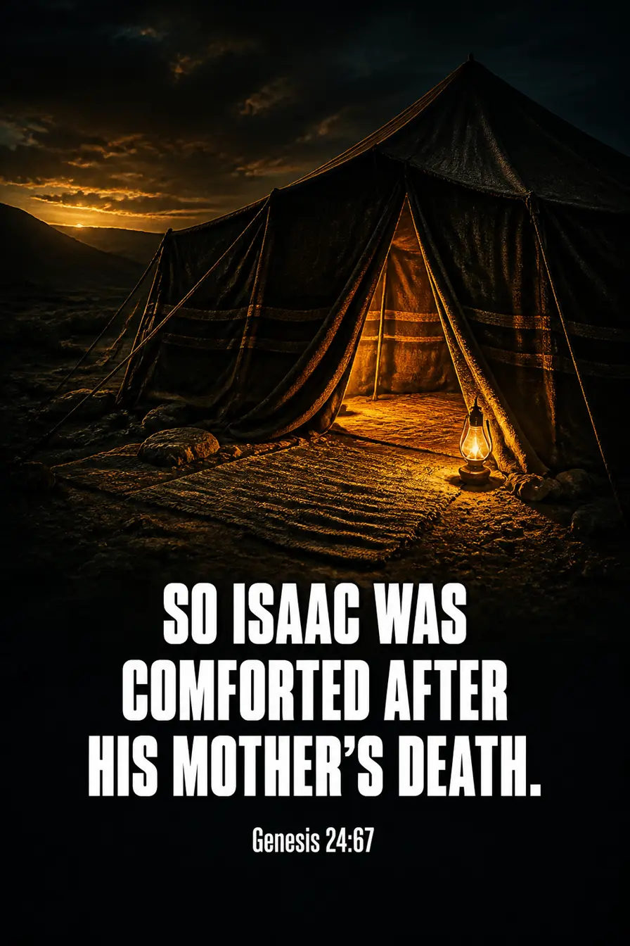 Genesis 24:67 Bible verse card: “Isaac was comforted after his mother’s death.”