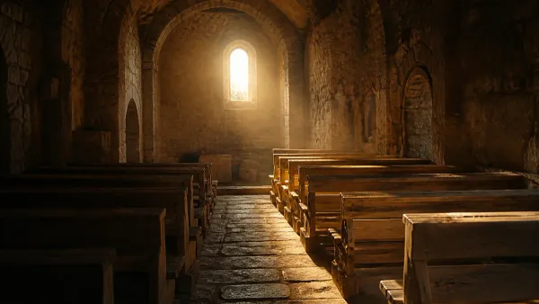 Soft warm morning sunlight breaking through stained glass of a quiet stone chapel, casting jewel-toned amber light across empty pews