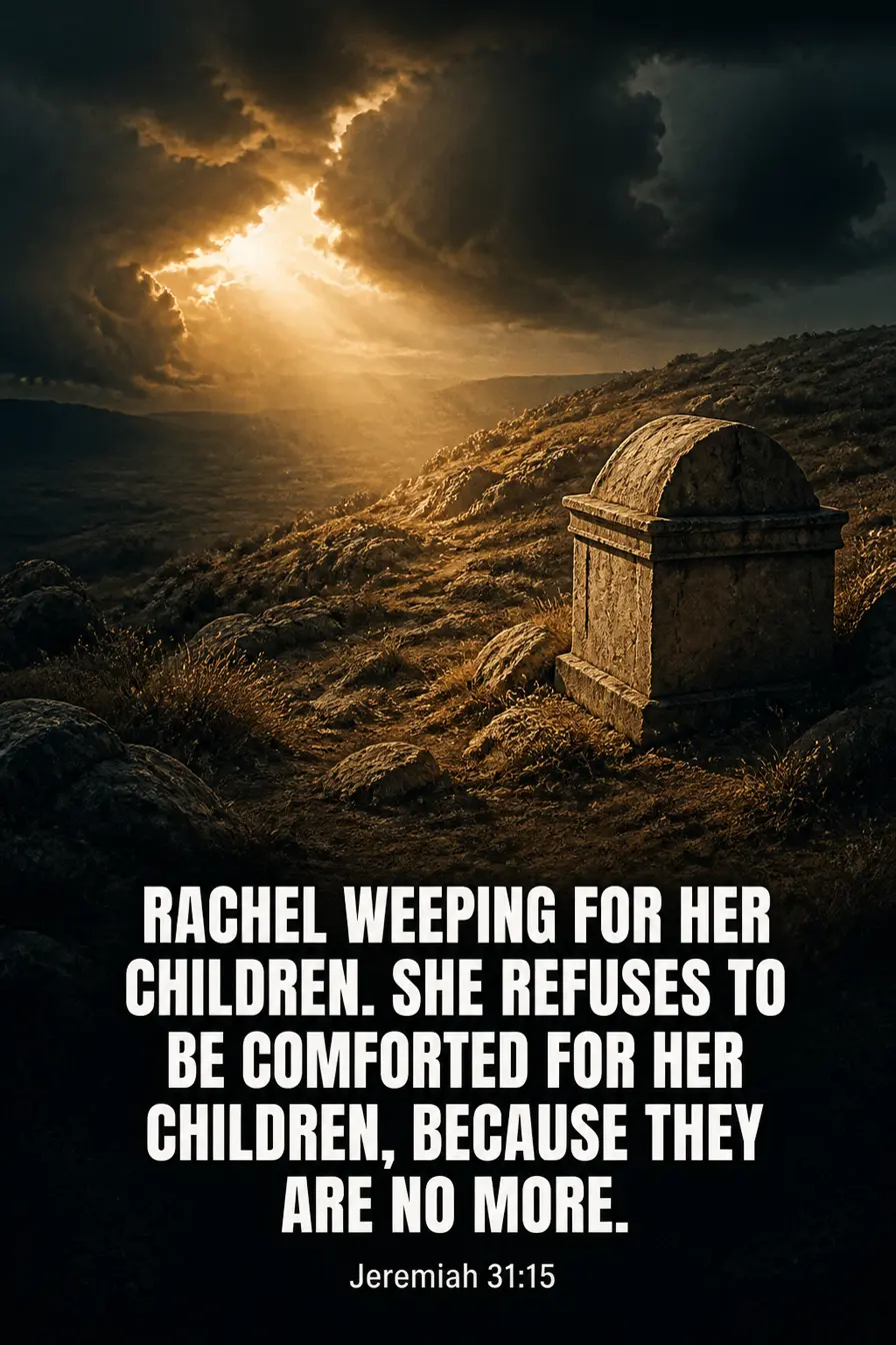 Jeremiah 31:15-16 Bible verse card: “Rachel weeping for her children. She refuses to be comforted for her children, because they are no more.”