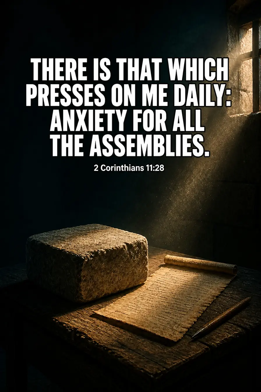 2 Corinthians 11:28 Bible verse card: “there is that which presses on me daily: anxiety for all the assemblies.”