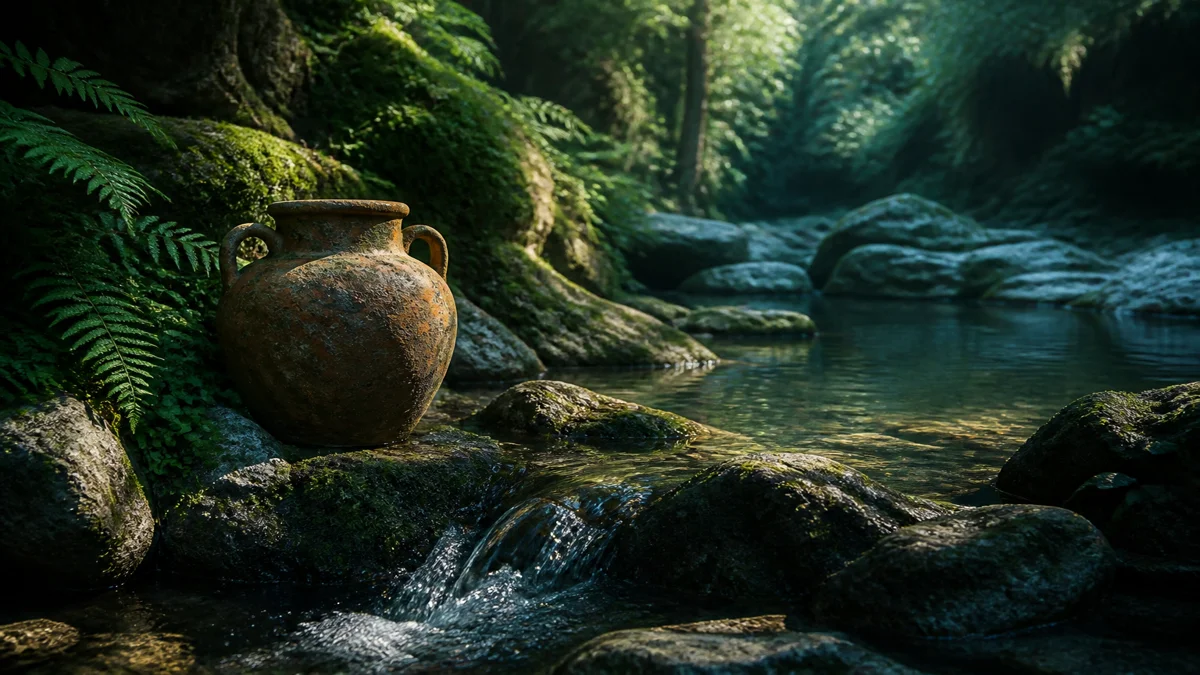 Ancient clay water jar resting beside a fresh bubbling mountain spring surrounded by lush green ferns and dappled golden sunbeams