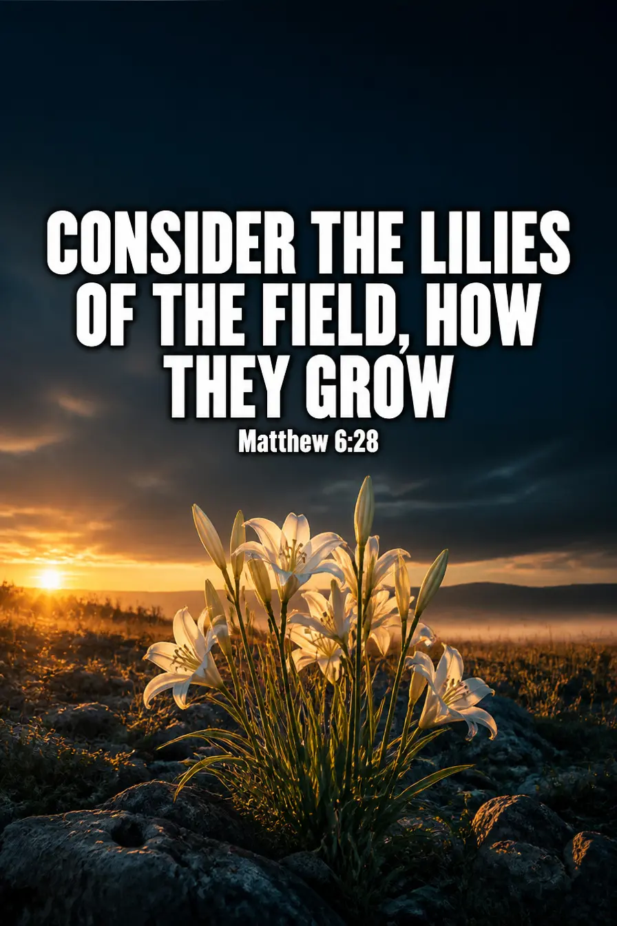 Matthew 6:28 Bible verse card: “Consider the lilies of the field, how they grow.”