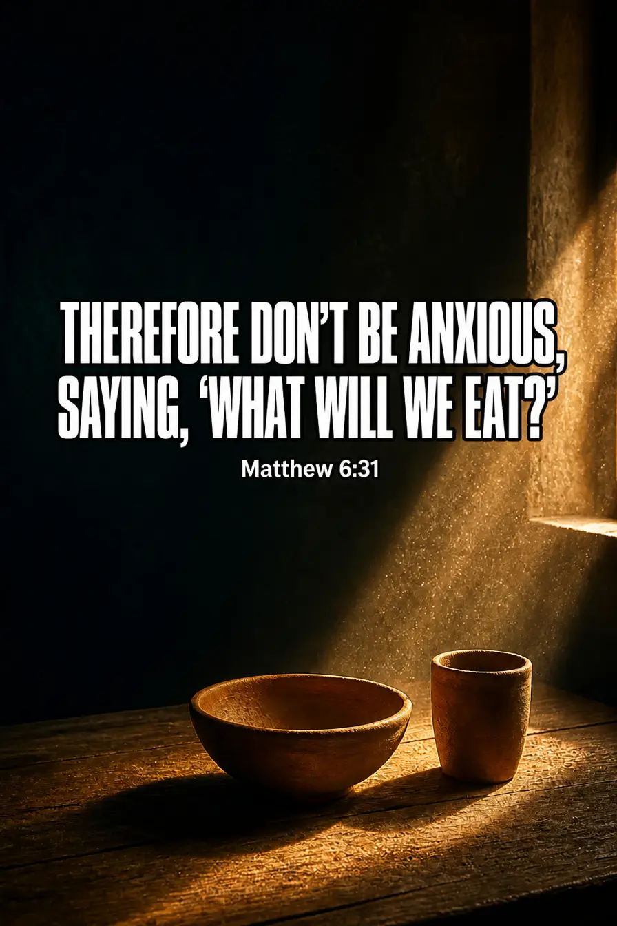 Matthew 6:31 Bible verse card: “Therefore don’t be anxious, saying, ‘What will we eat?”