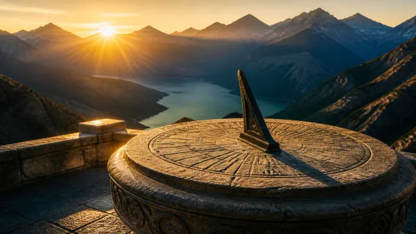 Ancient carved stone sundial on a high mountain terrace catching the first rays of a blazing golden dawn over distant peaks