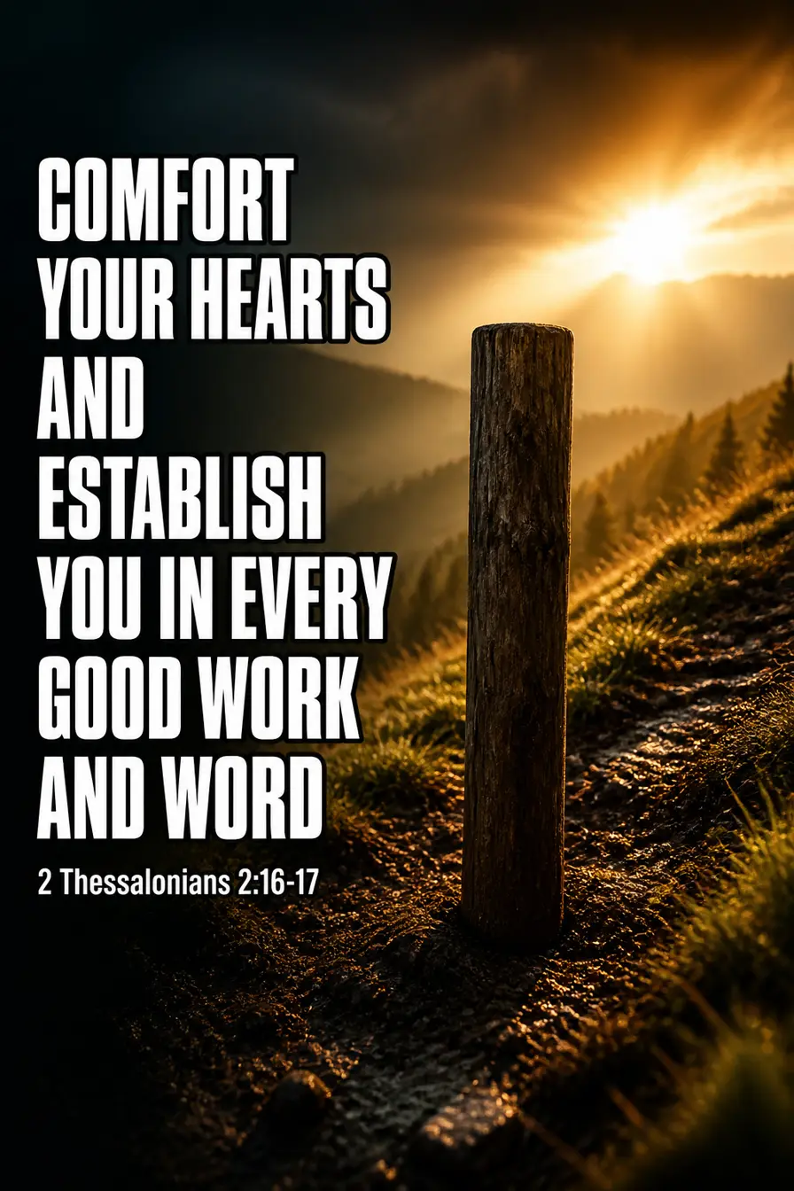 2 Thessalonians 2:16-17 Bible verse card: “comfort your hearts and establish you in every good work and word.”