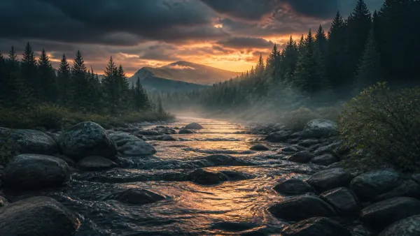 Peaceful mountain stream flowing gently over smooth stones at twilight with evening mist rising between dark pine trees under sunset glow