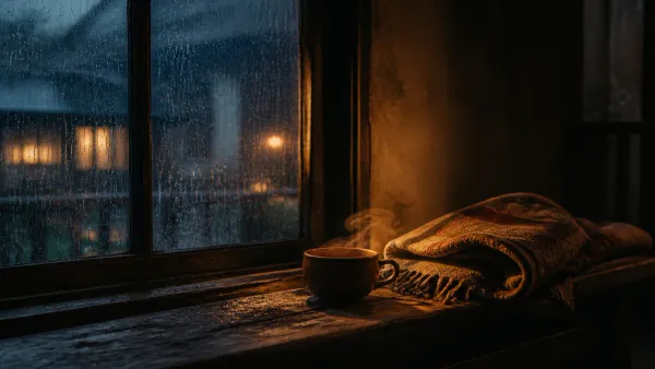 A steaming cup and a folded blanket left on a wooden bench beside a rain-streaked window in warm lamplight