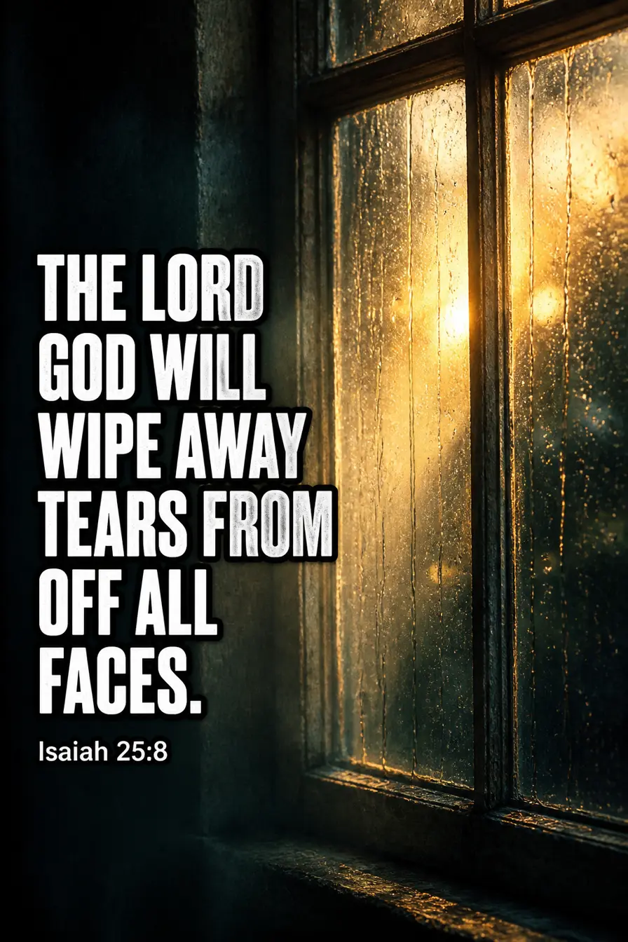 Isaiah 25:8 Bible verse card: “The Lord GOD will wipe away tears from off all faces.”