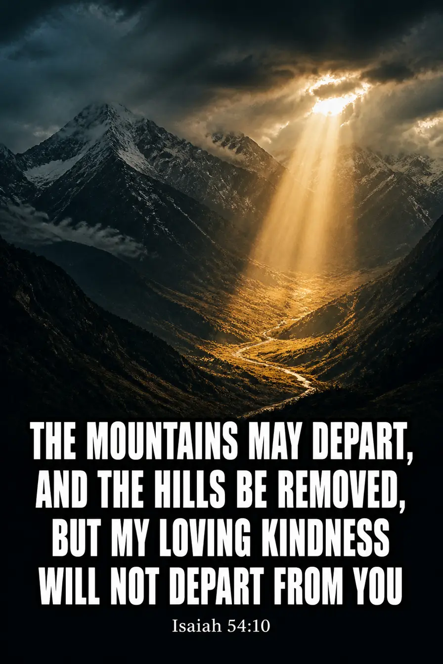 Isaiah 54:10 Bible verse card: “the mountains may depart, and the hills be removed, but my loving kindness will not depart from you”