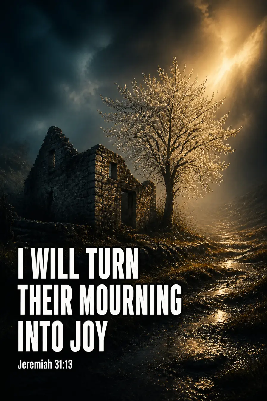 Jeremiah 31:13 Bible verse card: “will turn their mourning into joy”