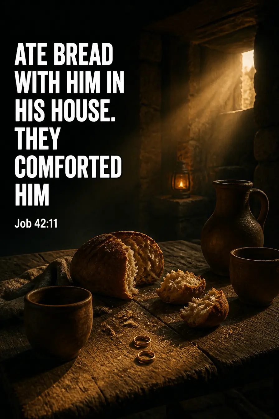Job 42:11 Bible verse card: “ate bread with him in his house. They comforted him”