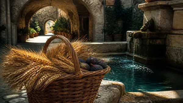 Woven wicker basket with fresh golden wheat sheaves and ripe figs beside an ancient stone courtyard fountain in morning light