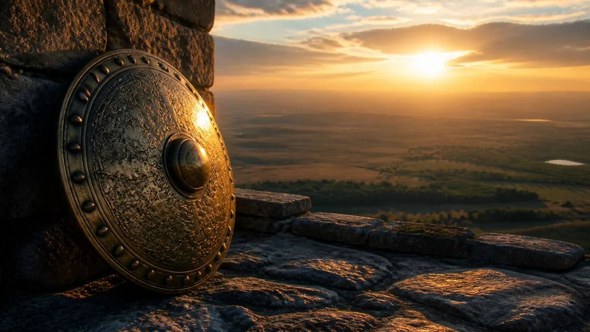 Ancient polished bronze shield resting against a weathered fortress wall at sunrise with golden morning light gleaming on metal