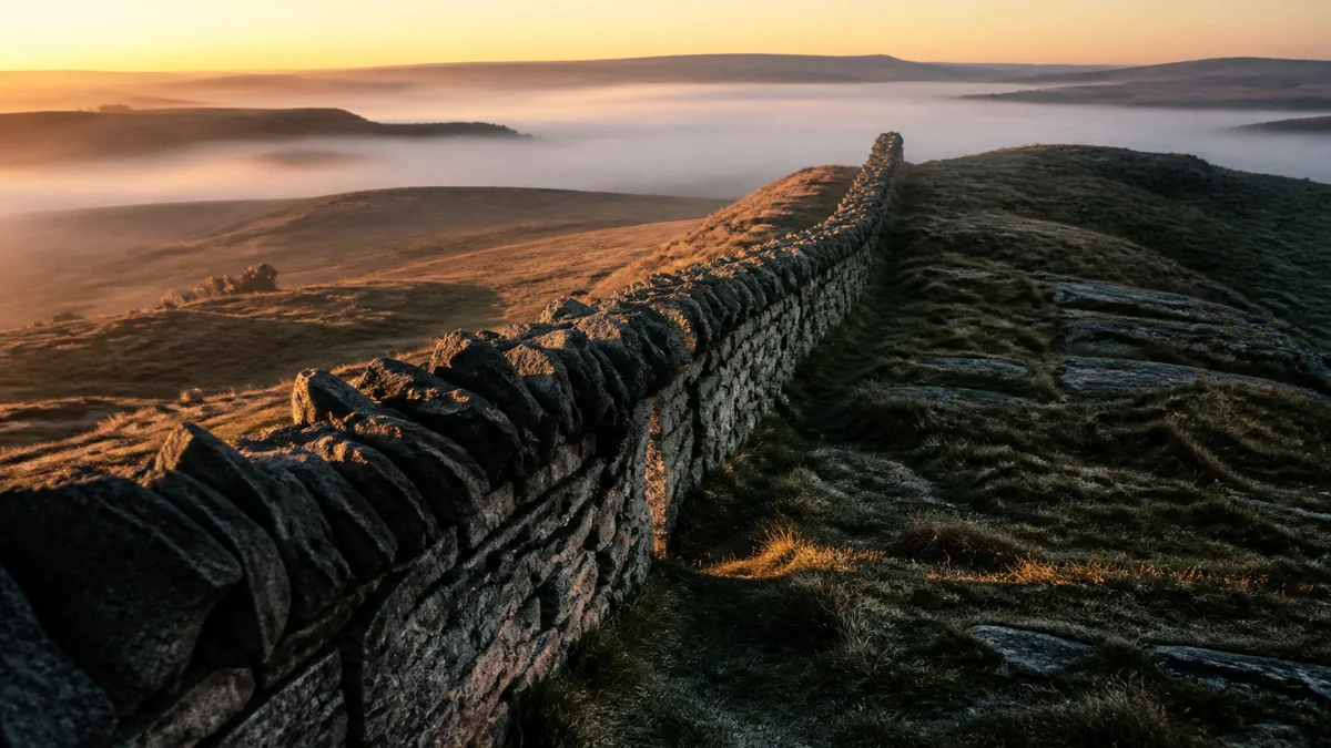 Long weathered dry-stone wall receding across open highland fells into morning mist as raking amber dawn light catches the stones