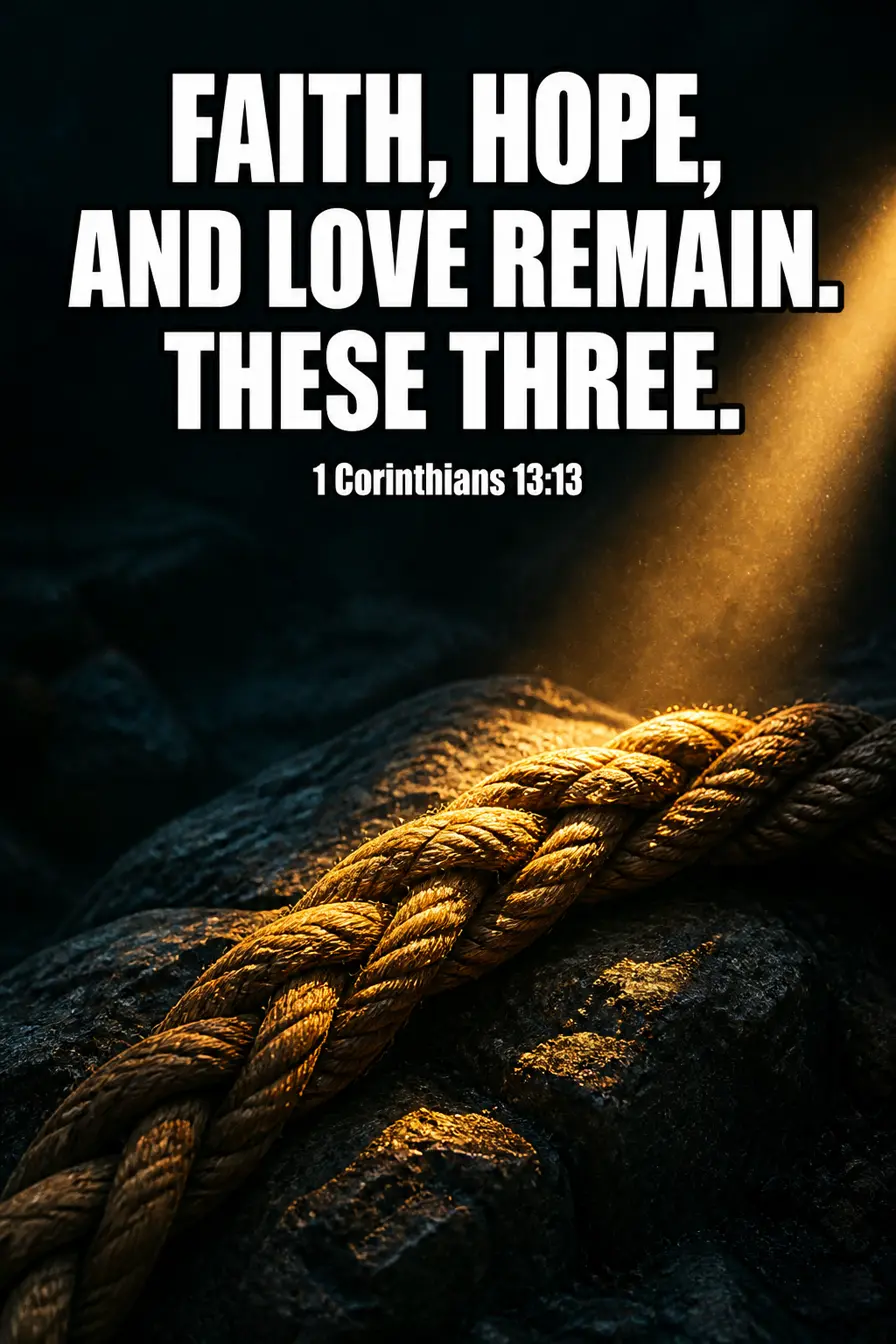 1 Corinthians 13:13 Bible verse card: “faith, hope, and love remain—these three. The greatest of these”