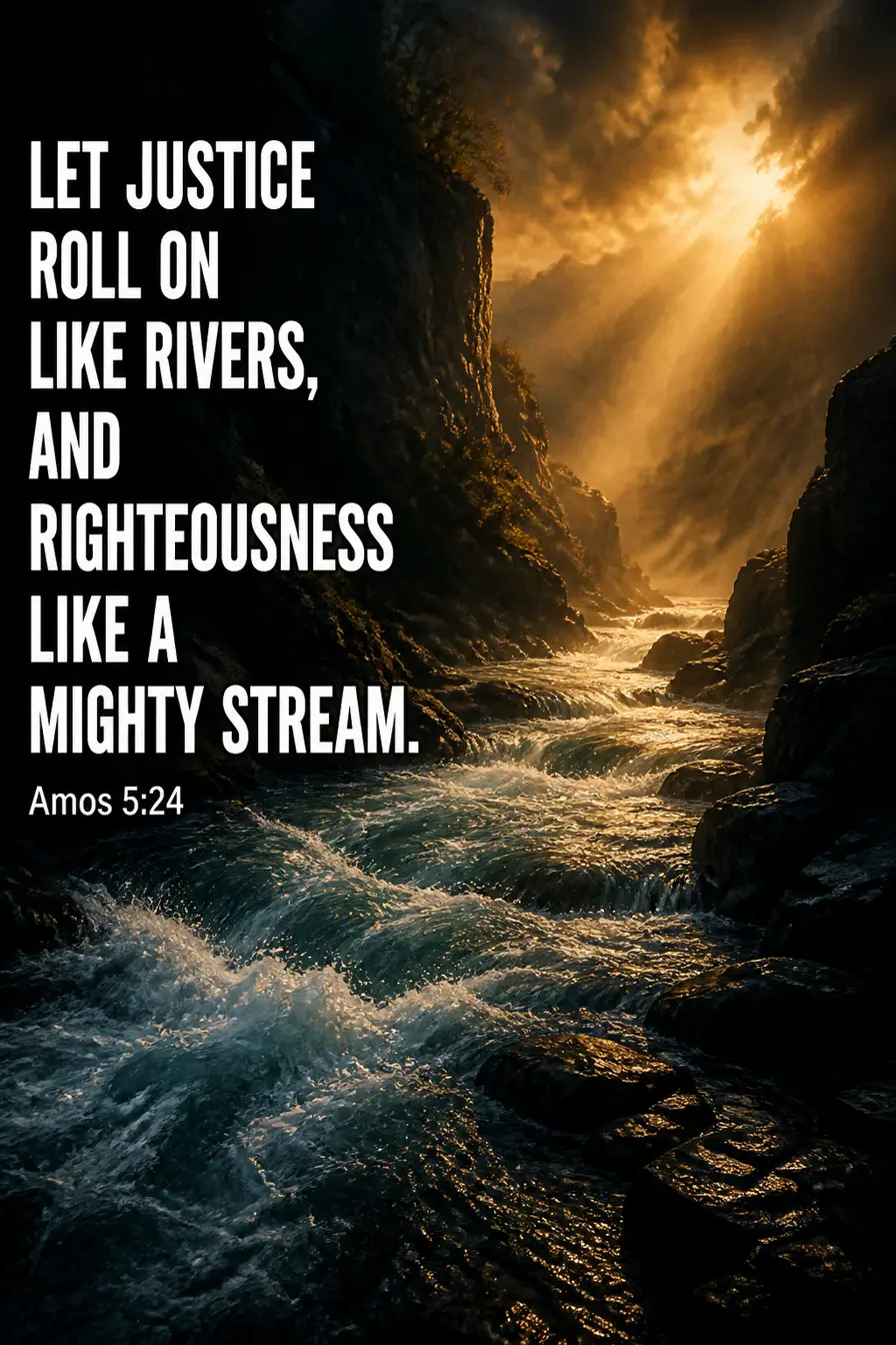 Amos 5:24 Bible verse card: “let justice roll on like rivers, and righteousness like a mighty”