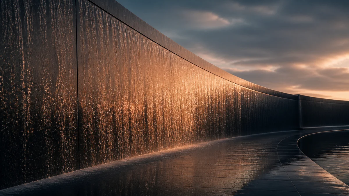 A long curved wall of black granite with a thin sheet of water running down its face at dusk in amber light