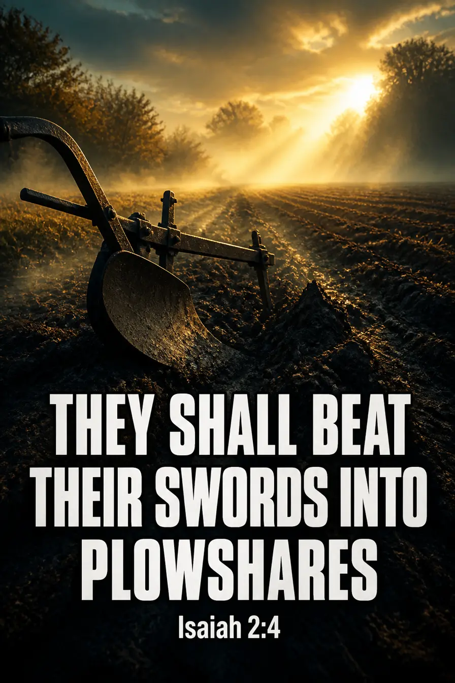 Isaiah 2:4 Bible verse card: “They shall beat their swords into plowshares”