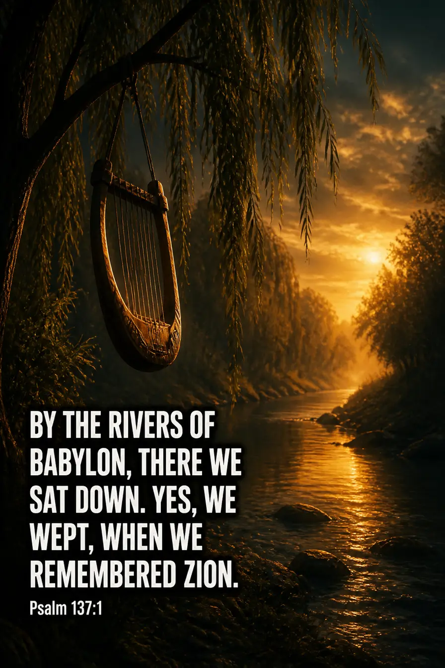 Psalm 137:1 Bible verse card: “By the rivers of Babylon, there we sat down. Yes, we wept, when we remembered”