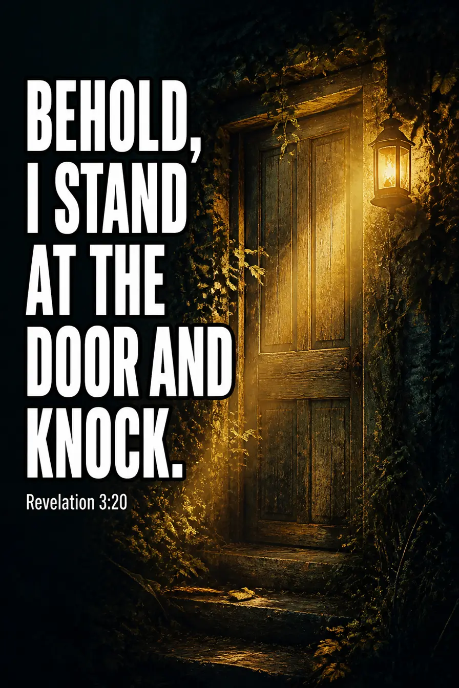 Revelation 3:20 Bible verse card: “Behold, I stand”