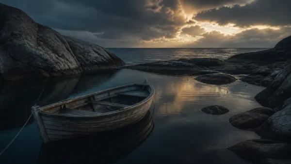 Solitary weathered wooden boat resting safely inside a sheltered rocky inlet as dark ocean storm clouds clear on the horizon