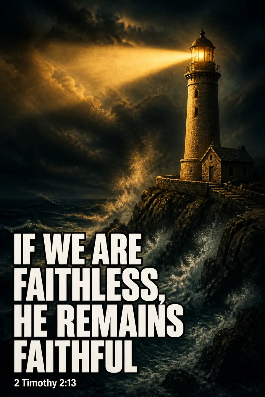 2 Timothy 2:13 Bible verse card: “If we are faithless, he remains faithful; for he can’t deny himself.”