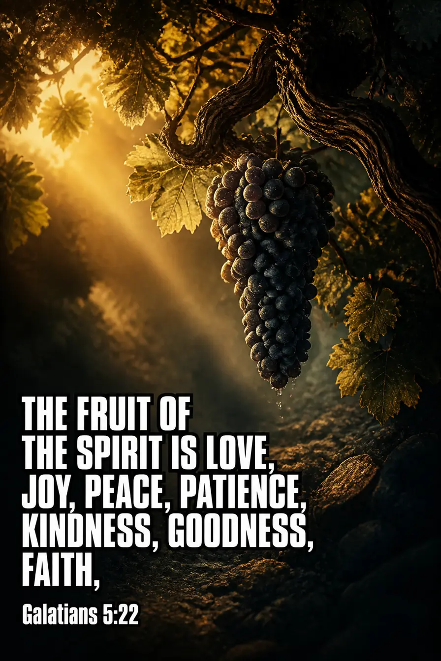 Galatians 5:22 Bible verse card: “the fruit of the Spirit is love, joy, peace, patience, kindness, goodness, faith”