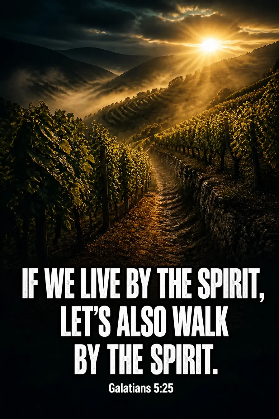 Galatians 5:25 Bible verse card: “If we live by the Spirit, let’s also walk by the Spirit.”