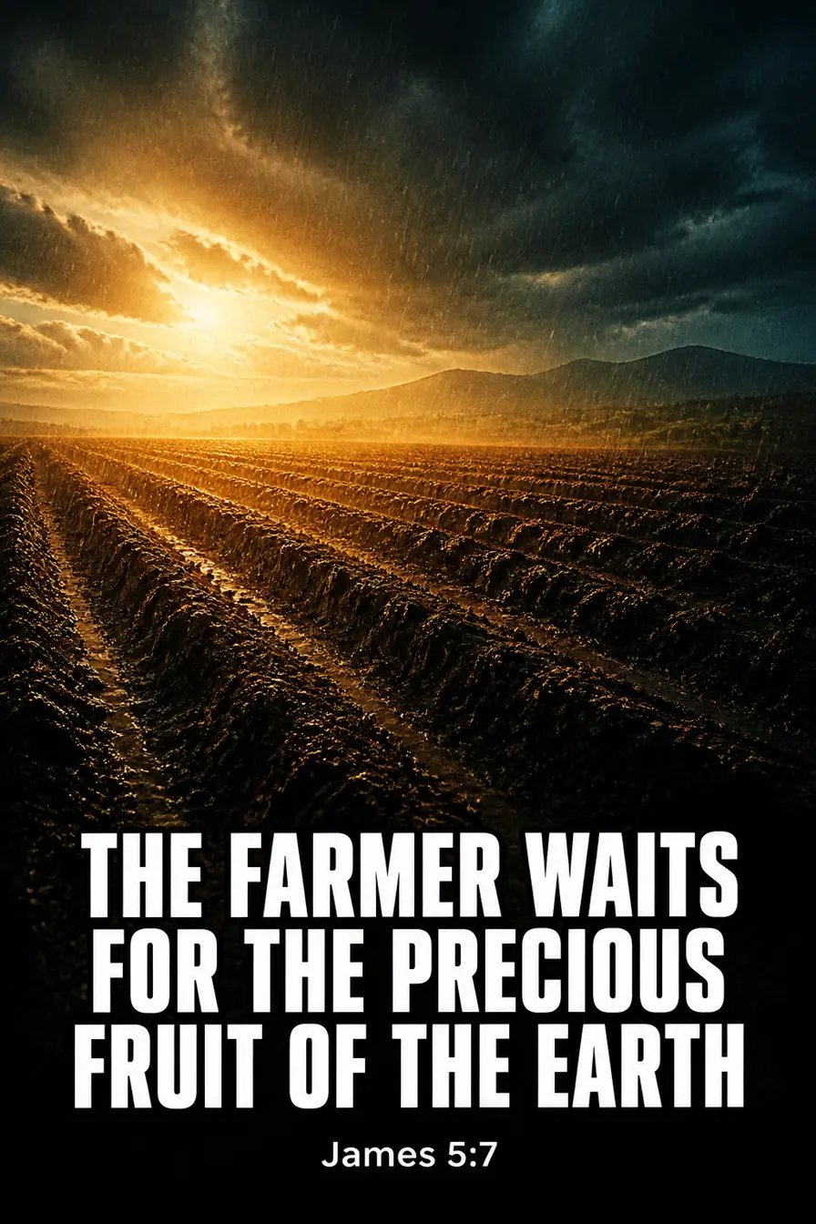 James 5:7 Bible verse card: “the Lord. Behold, the farmer waits for the precious fruit of the earth”