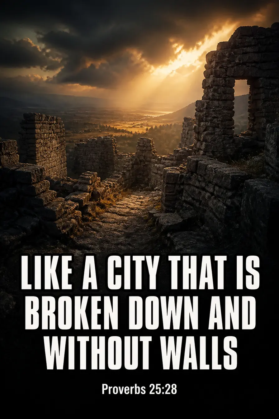 Proverbs 25:28 Bible verse card: “Like a city that is broken down and without walls”