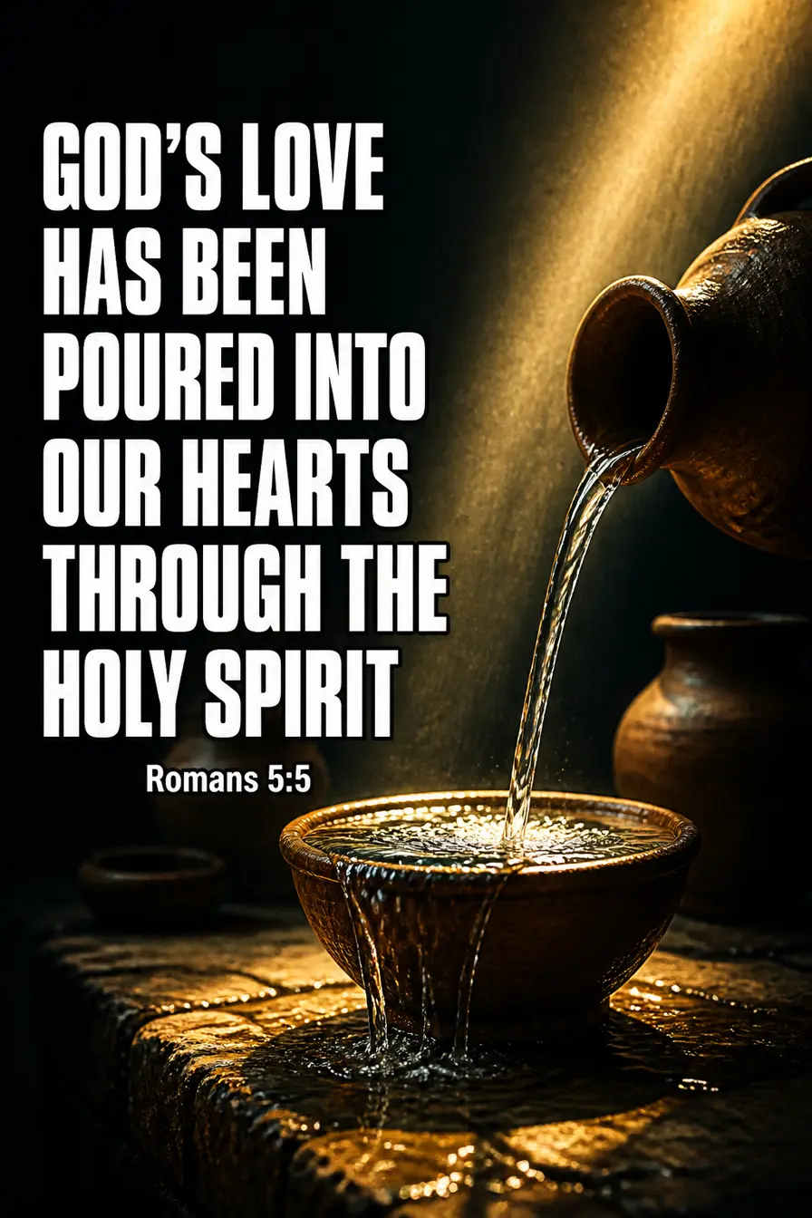 Romans 5:5 Bible verse card: “God’s love has been poured into our hearts through the Holy Spirit”