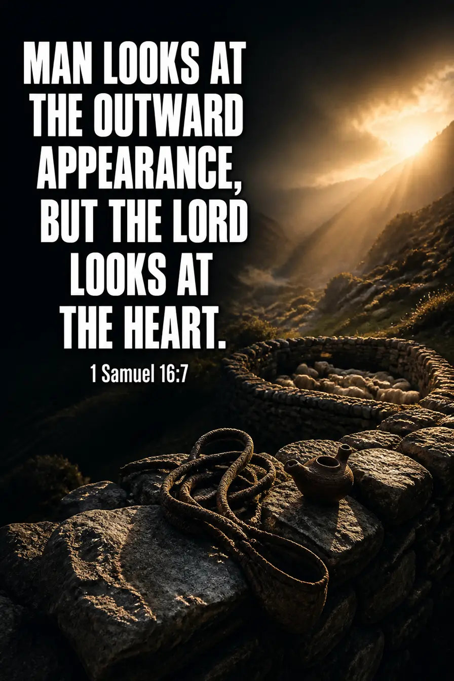 1 Samuel 16:7 Bible verse card: “man sees. For man looks at the outward appearance, but the LORD looks at the heart.”