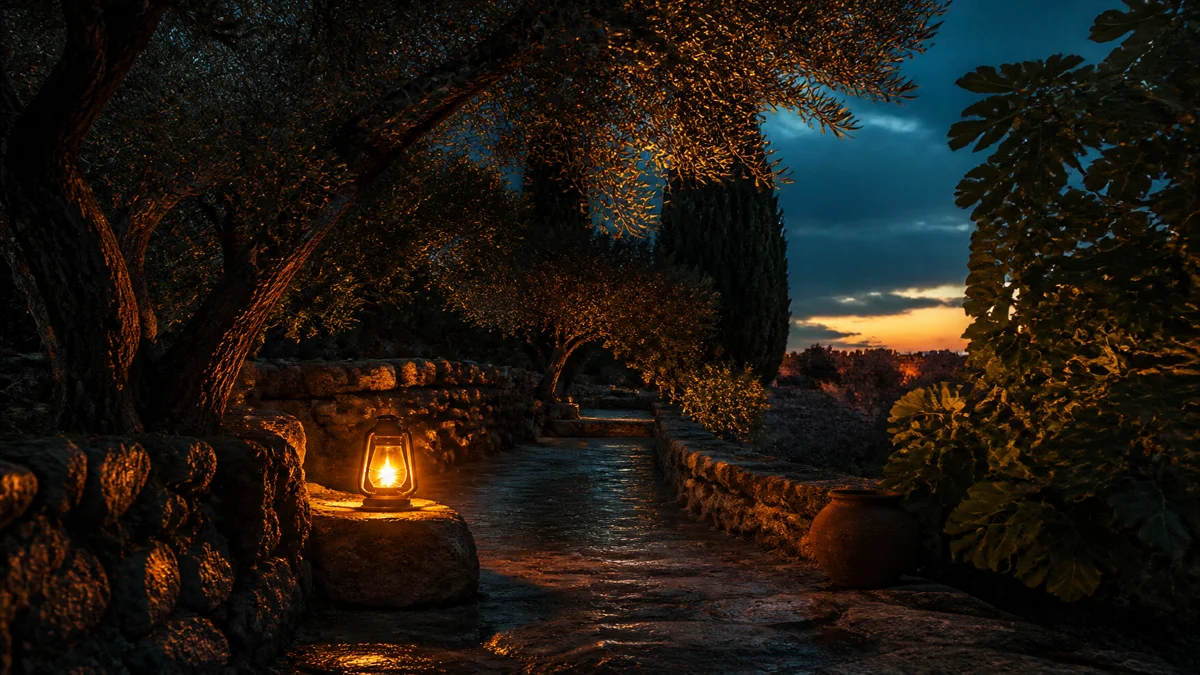 A quiet walled garden at dusk with a lantern on a stone path between dark trees, warm light falling through the leaves