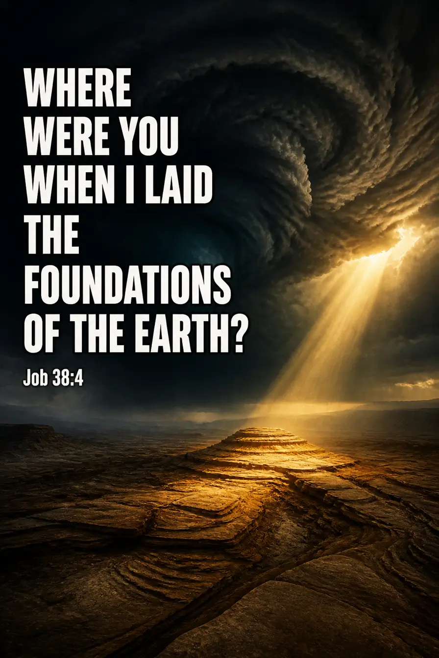 Job 38:4 Bible verse card: “were you when I laid the foundations of the earth?”