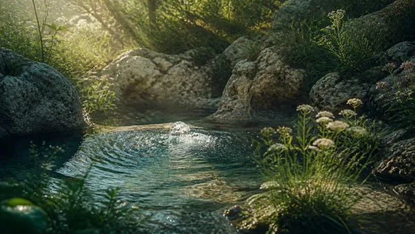 Natural freshwater spring bubbling from limestone rock surrounded by flowering medicinal herbs bathed in warm morning sunbeams