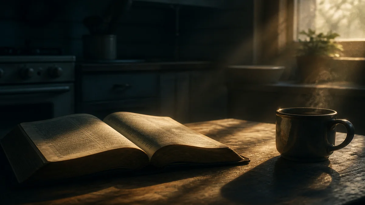 An open Bible on a kitchen table beside a cooling mug as early morning light crosses the page