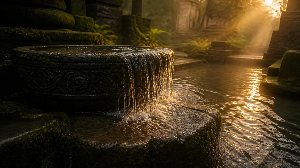 Ancient carved stone basin overflowing smoothly with crystal-clear water into a tranquil reflecting pool under morning golden light