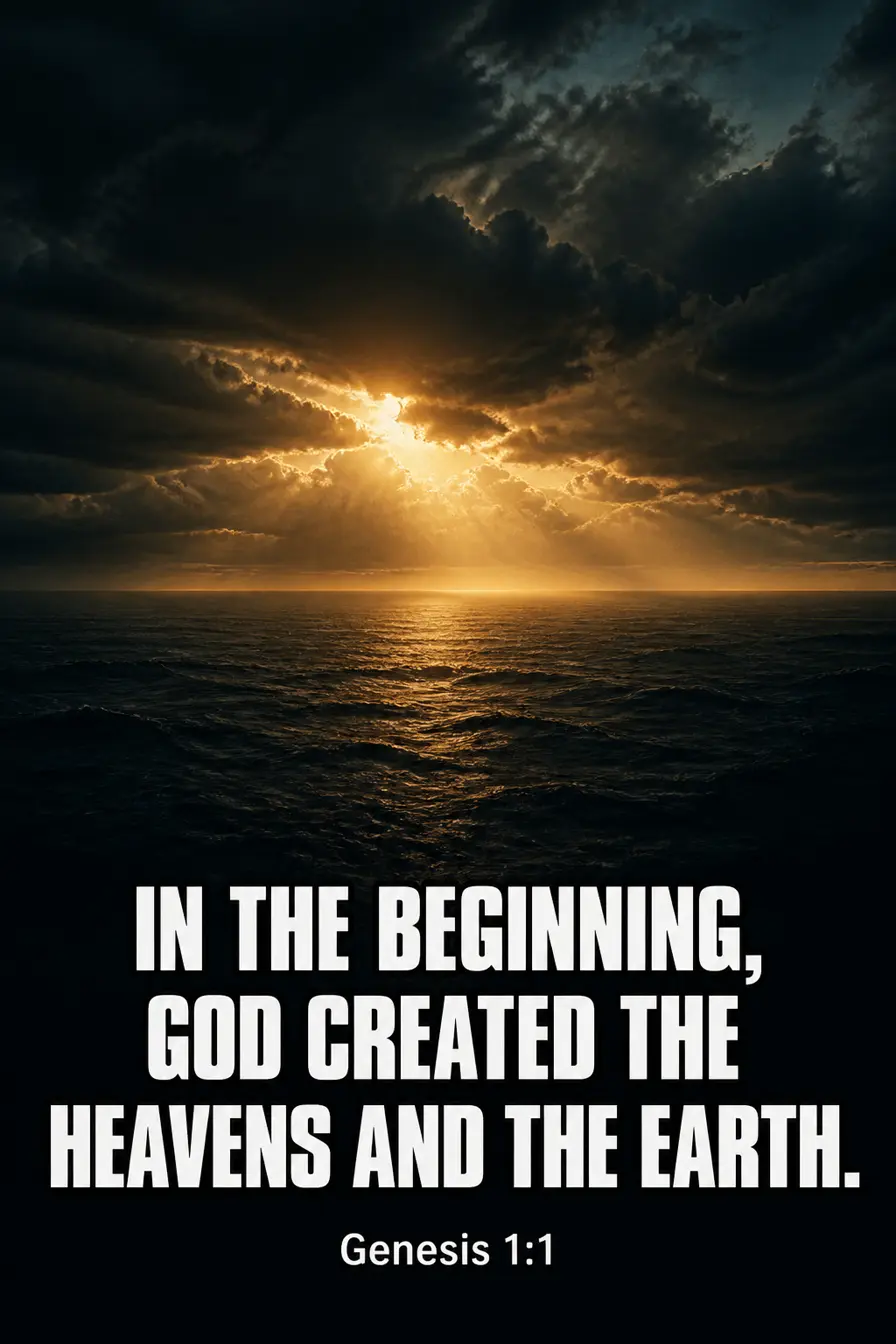 Genesis 1:1 Bible verse card: “In the beginning, God created the heavens and the earth.”