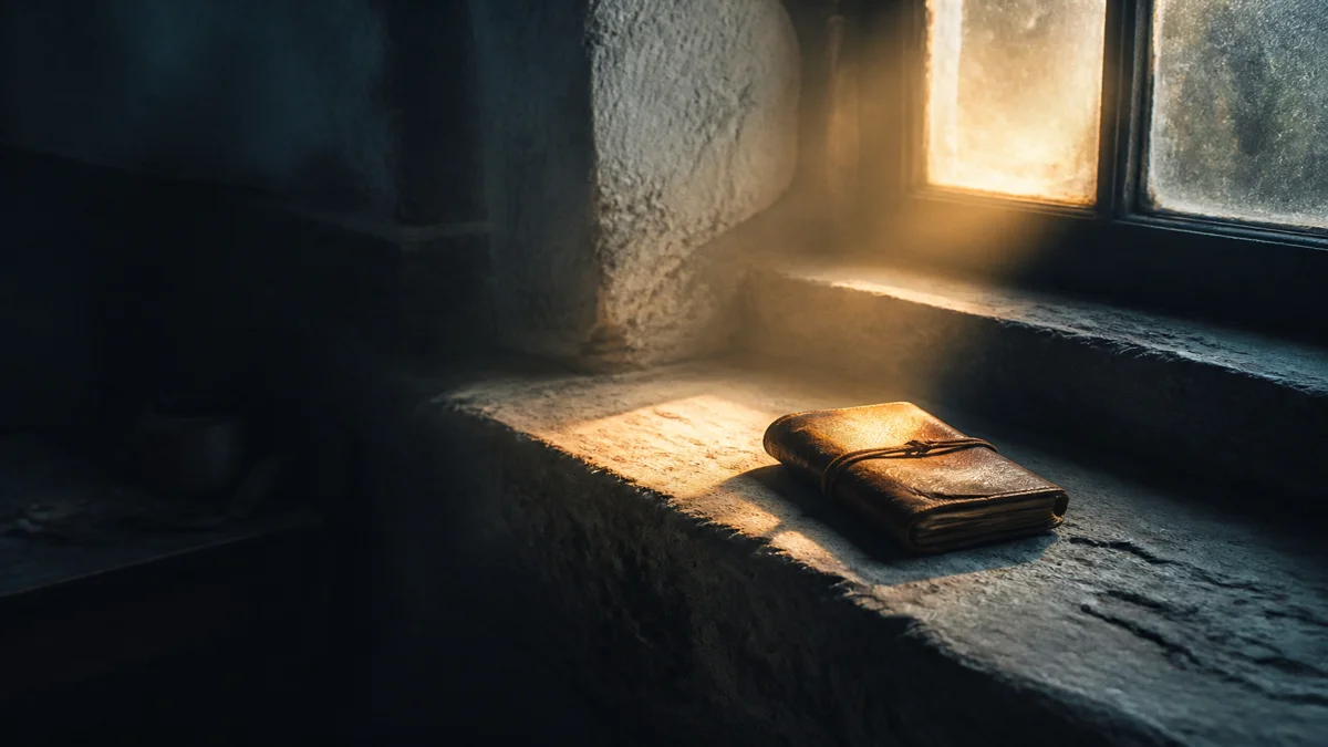 A small worn leather pocket notebook tied with cord lying on a stone windowsill in a shaft of amber morning light