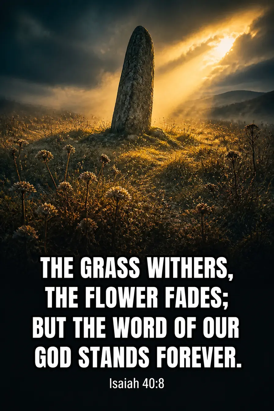 Isaiah 40:8 Bible verse card: “The grass withers, the flower fades; but the word of our God stands forever.”