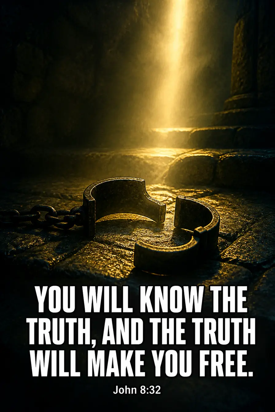 John 8:32 Bible verse card: “You will know the truth, and the truth will make you free.”